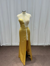 Gold Long Mermaid Sleeveless Satin Evening Dresses with Beaded